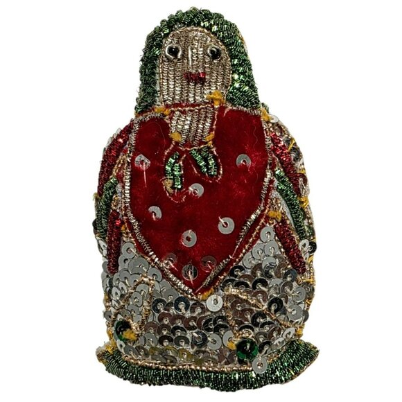 Vintage Beaded Sequin Doll Ornament Red Velvet Silver Christmas Matryoshka Girl - Picture 2 of 7
